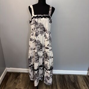 Umgee Black White Toile Ric Rac Trim Tiered Cotton Maxi Sun Dress Size M